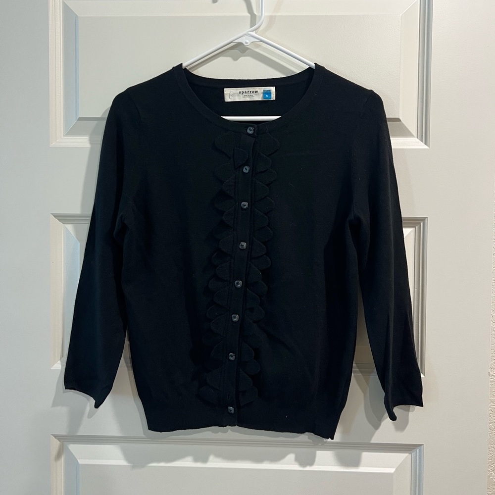 Anthropologie Black Ruffled Cotton/Cashmere Cardigan Sweater